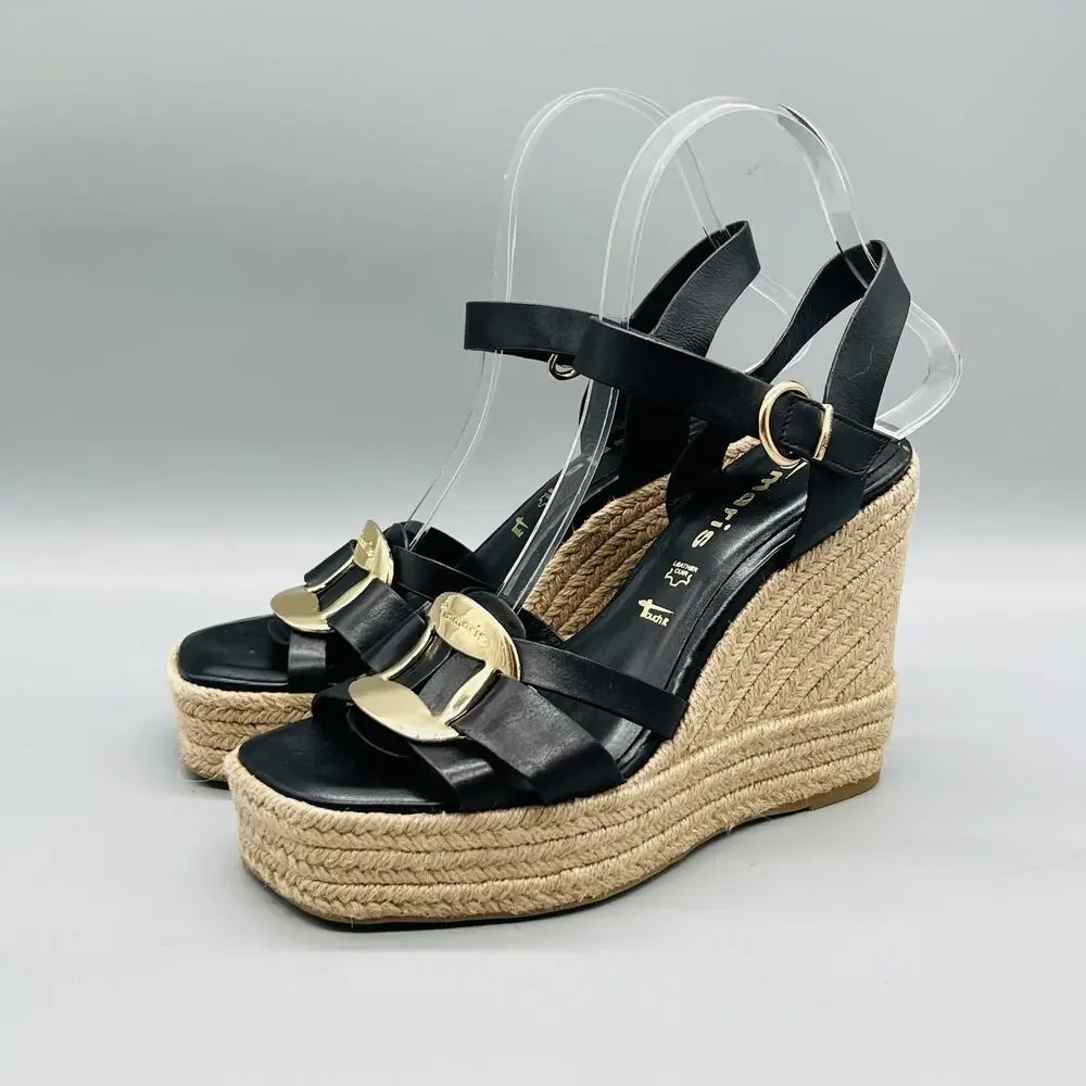 Tamaris Sandals Womens 7 Black Leather Espadrille Wedge Ankle Strap Casual Shoes